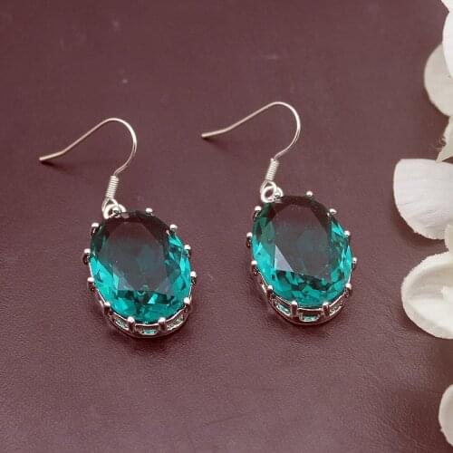 Hermosa Fantasy Oval Shape GreenTopaz Silver Color Earrings For Women Fashion Jewelry 1 1/2 Inch ME023