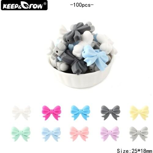 Keep&Grow 100Pcs Bow Tie Silicone Beads Baby Teething Chew Beads Food Grade Silicone Teether Pacifier Chain Clips Nursing Toys
