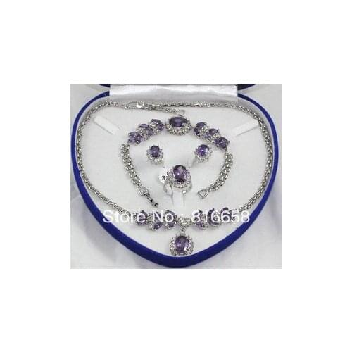Pretty Violet Crystal CZ Necklace Bracelet Earrings Crystal Ring Set