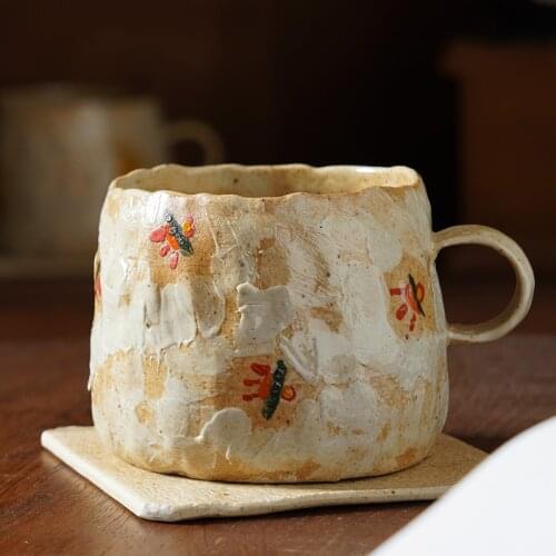 Creative Hand Retro Rough Pottery Coffee Cup Spoon Dish Personalized Designer Make-up Native Japanese Handmade Cup Milk Cup
