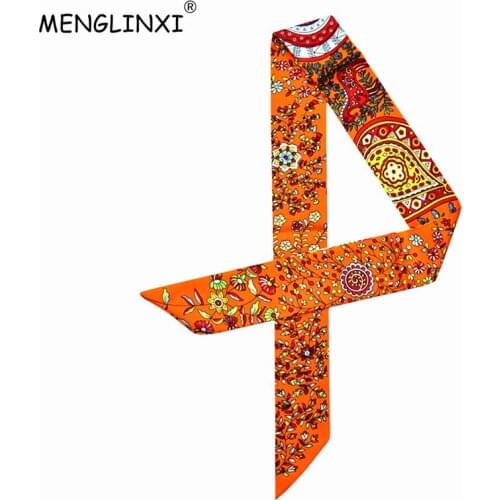 MENGLINXI 2021 New Fashion Brand Scarf Women Silk Scarf Life Tree Print Head Scarf Handle Bag Ribbons Small Long Skinny Scarves