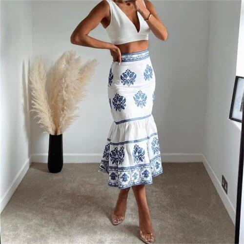 MESTTRAF Women 2021 Fashion Printing Ruffled Midi Skirt Vintage High Waist Zipper Female Skirts Streetwear