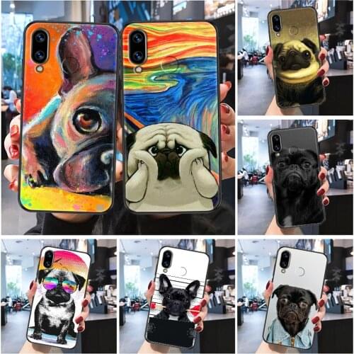 Pug Bulldog Cute Cartoon Painted Phone case For Huawei P Mate P10 P20 P30 P40 10 20 Smart Z Pro Lite 2019 Frosted black soft