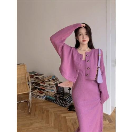 Spring 2021 New Womens Fashion Sling And Even Dress + Long Sleeve Cardigan Sweater Two Piece Set