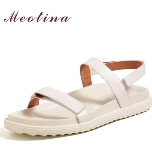 Meotina Genuine Leather Sandals Women Shoes Round Toe Flat Platform Sandals Causal Summer Hook Ladies Footwear 2021 Beige 40
