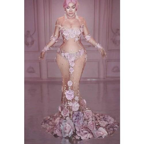 Sexy Rose mesh transparent long mermaid skirt club dress Ladies party dresses ballroom costume disco dj night club dance dresses