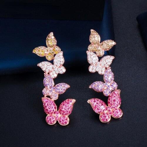Lovely 585 Rose Gold Color Purple Red CZ Zircon Butterfly Drop Dangle Earrings for Women Fancy Jewelry Gift CZ780