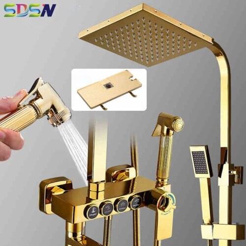 SDSN Shower Faucets Bath Shower Set Brass Wall Mounted Rain Shower Mixer Luxury Gold Bathroom Shower System Lift Bar Shower Set