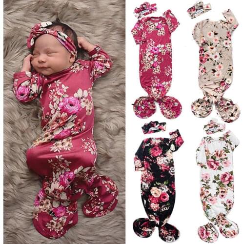 0-6M Baby Girl Floral Sleeping Bags Girls Floral Long Sleeve Sleep Wrap Swaddle+Headband For Newborn 8 Colors