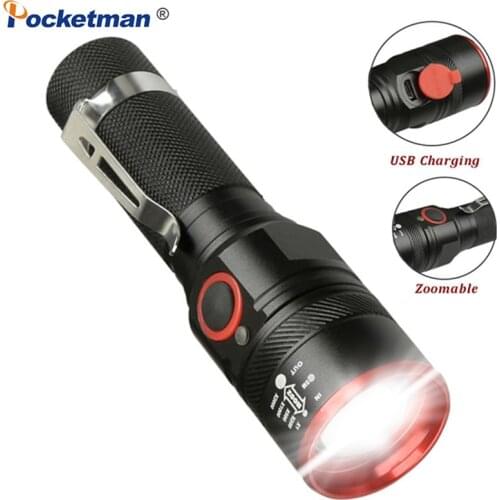 USB Rechargeable LED Flashlight 6000LM T6 LED Torch Waterproof Lantern Portable Flashlight Zoom for Camping by 18650 Battery