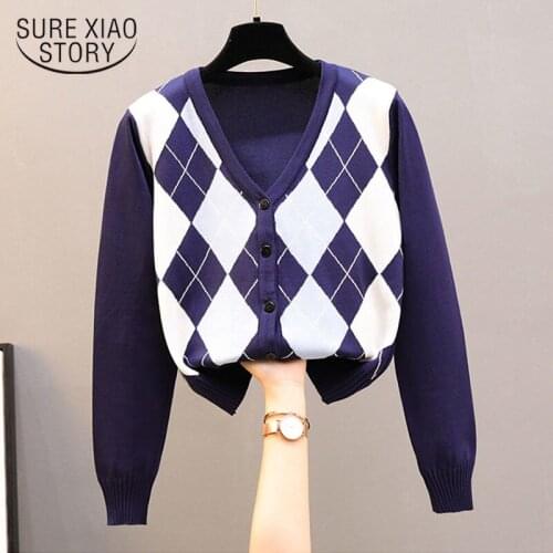 Vintage V-Neck Plaid Long Sleeve Women Sweater 2020 Autumn Winter Short Knitted Cardigan Sweaters Women England Style Tops 11718