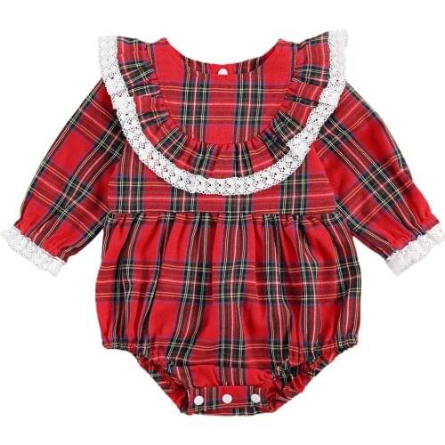 WOSHILAOCAI Newborn Baby Girls Christmas Bodysuit Infant Long Sleeve Plaid One Piece Jumpsuit Thick Overall Playsuit Outfits