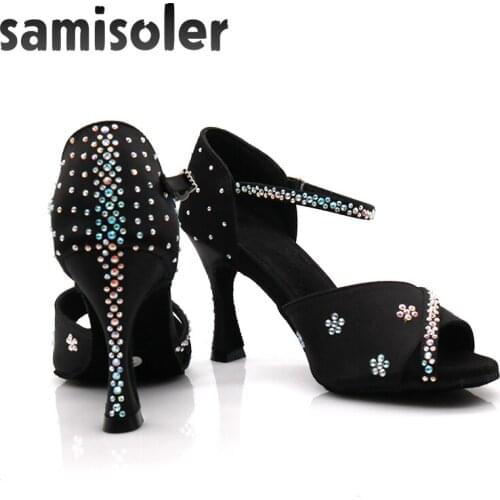 Samisoler Black Rhinestone ballroom dance shoes women Salsa dance shoes women Professional tango Latin Shoes style high heels