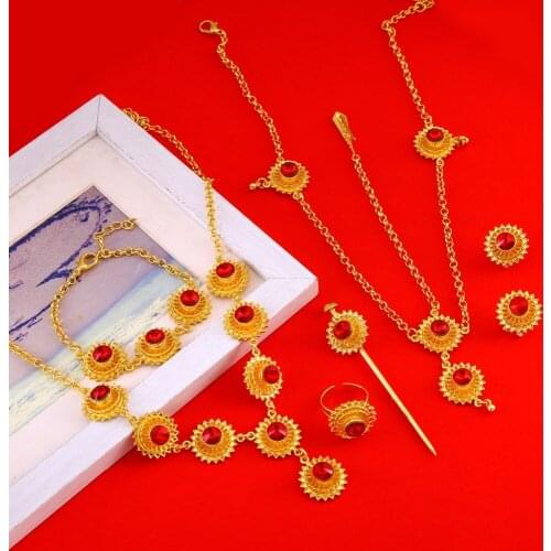Ethiopian African Wedding New Cross Necklace Earrings Ring Bracelet Hairpin Hair Chain Accessory Jewelry Sets