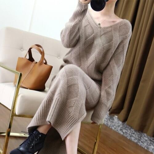 2021 Women Autumn Winter Khaki Knitted Sweater Two Piece Set V Neck Loose Pullover Jumpers with Elastic High Waist Long Skirts