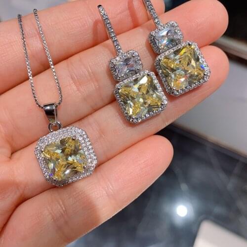 QTT 925 Sterling Silver Jewelry Yellow Sets For Women Girl Classic Rectangle Bling AAA Zircon Stone Necklace Earrings Bridal Set