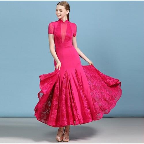 Chinese Style Women Ballroom Dance Dress Waltz Wear Sexy Mesh Short Sleeved Lace Dress Female Competition Dancing Dress DWY2959