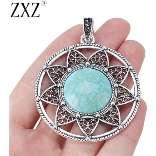 ZXZ 2pcs Tibetan Silver Large Flower Faux Turquoise Stone Round Charms Pendants for Necklace Jewelry Making Findings