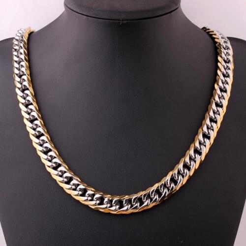 11/13/16MM New Silver Color&Gold Stainless Steel Double Cuban Curb Link Chain Mens Unisexs Necklace Or Bracelet Bangle 7-40inch