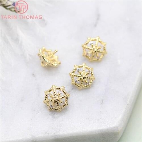 6PCS 7MM height 6MM 24K Gold Color Brass Zircon Half Pins Umbrella Beads Caps Diy Jewelry Findings Earrings Accessories