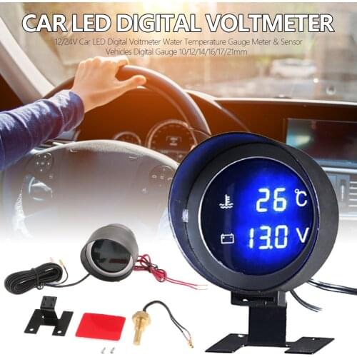 DC12V/24V Car Water Temp Sensor Gauge Round LCD Digital Voltmeter temperature Gauge Meter 2 in 1 Universal Car Truck Moto Meter