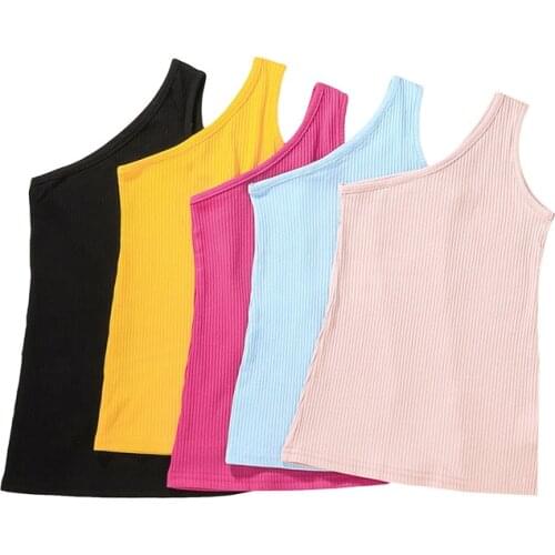 Babe Girls Ribbed Bodycon Dresses Summer One-Shoulder Sleeveless Mini Dress for Kids Casual Simple Style Clothes Solid 5 Colors