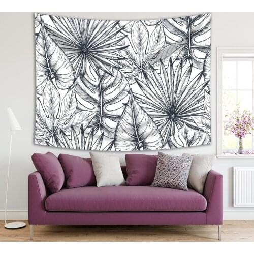 Tapestry Tropical Palm Leaves Jungle Plants Floral Sketch Nature Decorative Illustration Black White