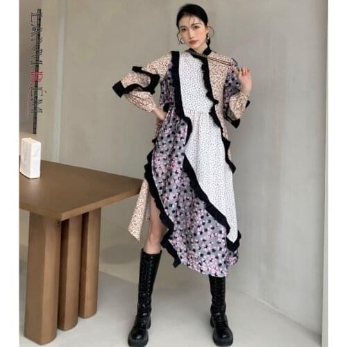 LANMREM 2021 New autumn Dress Women Long Sleeve Patchwork Printed Flower Dresses Ladies Party Clothes 2A3301