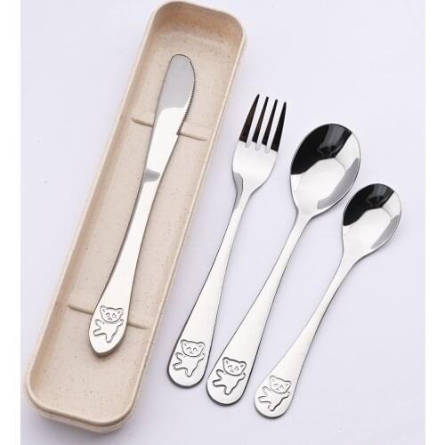Children Bear Pattern Carving Tableware Set Stainless Steel Silverware Set Fork Knife Spoon Utensils Set Baby Dinnerware Silver