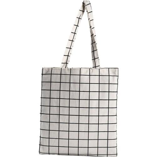 New Fashion Women Canvas Plaid Eco Reusable Shopping Tote Bag Plaid Shoulder Bag Black White
