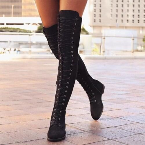 Sexy Lace Up Over Knee Boots Women Boots Flats Shoes Woman Square Heel Rubber Flock Boots Botas Winter Thigh High Boots 34-43