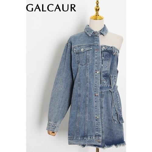 GALCAUR Denim Dress For Women Lapel Collar Long Sleeve One Off Shoulder Asymmetric Hollow Out Lace Up Dresses Female 2021 Summer