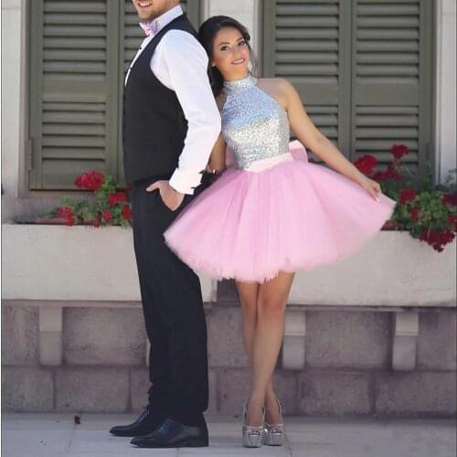 High Neck Sequined Top Homecoming Dresses For Juniors Prom Gowns Pink Tulle Cocktail Party Dress