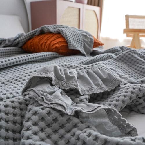 PAPA&MIMA Knitted Cotton Blanket Ruffles Waffle Grid Throws Solid Color Full Queen Sheets Bedspread