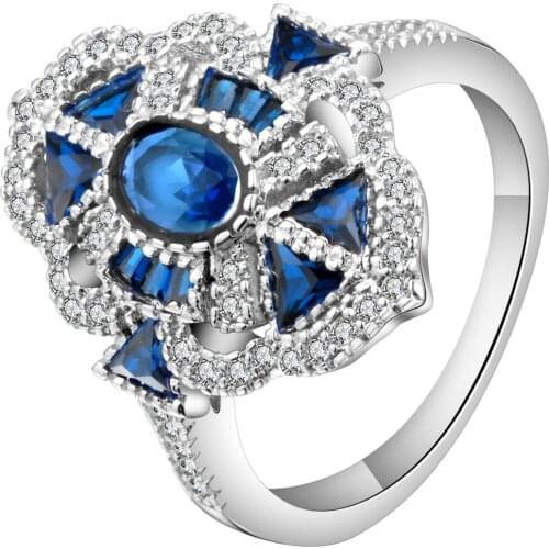 Retro Royal Blue & White Zircon Flower Rings Female Silver Color Shining CZ Wedding Bands Rings For Women Custom Jewelry Anillos