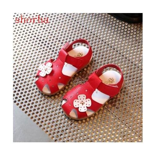 Spring and summer flowers girl Baotou sandals Girls sandals genuine leather white pink red open toe flowers girls shoes