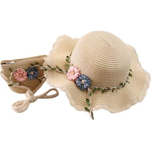 XEONGKVI Korean Willow Leaf Ribbon Two Flower Parent-child Sun Hat Bag Suit Summer Brand Straw Hats For Women Girl
