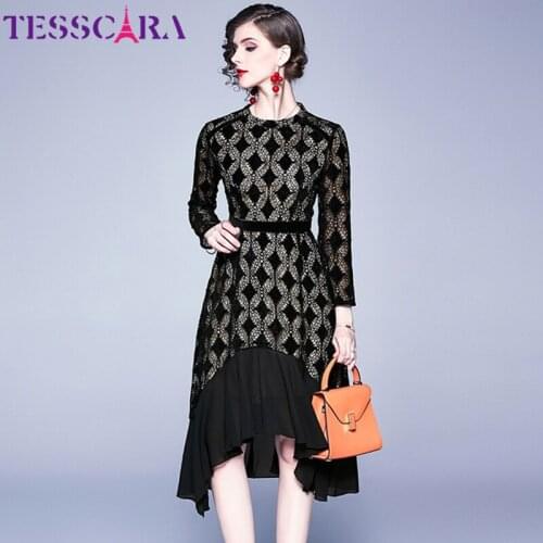 TESSCARA Women Autumn Elegant Lace Dress Festa Female Office Party Robe Femme High Quality Designer Long Black Cocktail Vestidos