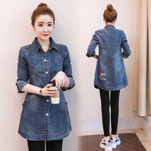 Spring Women Denim Outerwear 2021 New Slim Cowboy Jacket Female Letter Print Medium Long Hooded Large Size Lady Windbreaker 3XL