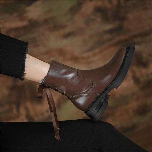 2021 New Style Thick Heel Boots Womens Ribbon Round Toe Mid-Calf Zipper Shoes Size 35-40