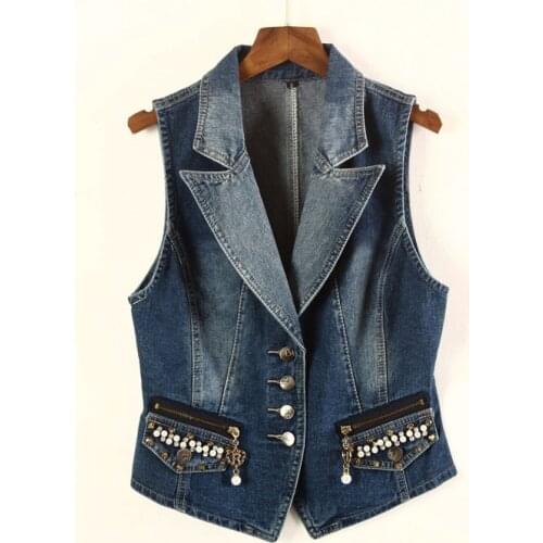 Spring women fashion slim water wash single breasted pearl beaded casual denim vest female short design jean cotton outerwear