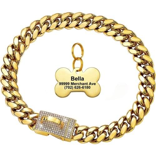 18k Gold Plated Dog Chain Collar Metal Chain Collar With Safety Clasp Square Zircon golden Cuban Chain 15mm Heavy Duty Chew-Proo