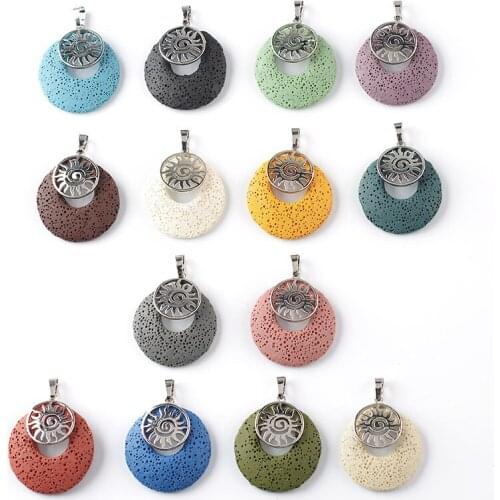 1pc Natural Semi-precious Colorful Volcanic Lava 32*42mm Hollow Round Metal Pendant for Jewelry Making DIY Necklace Accessories