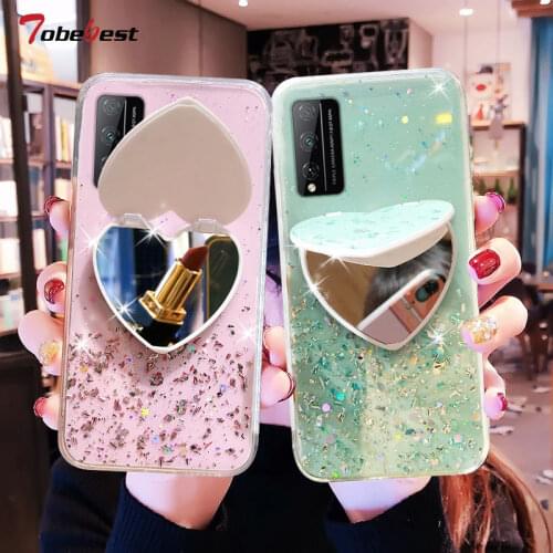 Heart Mirror Sequins Glitter Phone Case For Huawei P Smart 2021 2020 Z 2019 2018 Coque Glitter Soft Silicone Cover