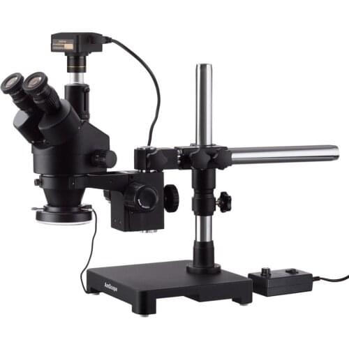 AmScope 7X-45X Black Trinocular Stereo Zoom Microscope on Single Arm Boom Stand + 144 LED Ring-light with 18MP USB3.0 Camera