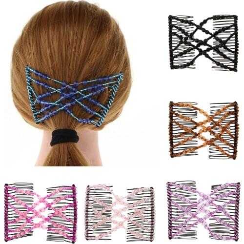 Fashion Simple Stretch Combs Beaded Hairpin Hair Head Double Clip Comb Easy Bun Maker