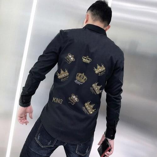 Personality Luxury Trendy Mens Shirt Asian Street Slim Hip Hop Long Sleeve Shiny Crown Pattern Hot Rhinestone