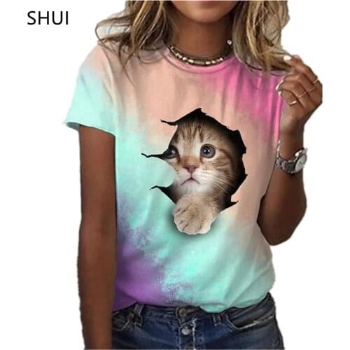 2021 New Cute Animal Cat 3D Print Round Neck T-shirt Womens Fun Short-sleeve Top Summer Pullover Retro Style Fashion Casual