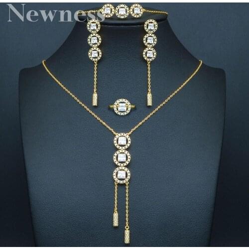 Newness Luxury Delicate Geometric Full Micro Cubic Zirconia Wedding Bridal Necklace Bracelet Earring Ring Copper Set for Women