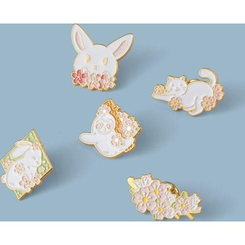 New cartoon animal series brooch cute white rabbit cat playing flower shape alloy badge